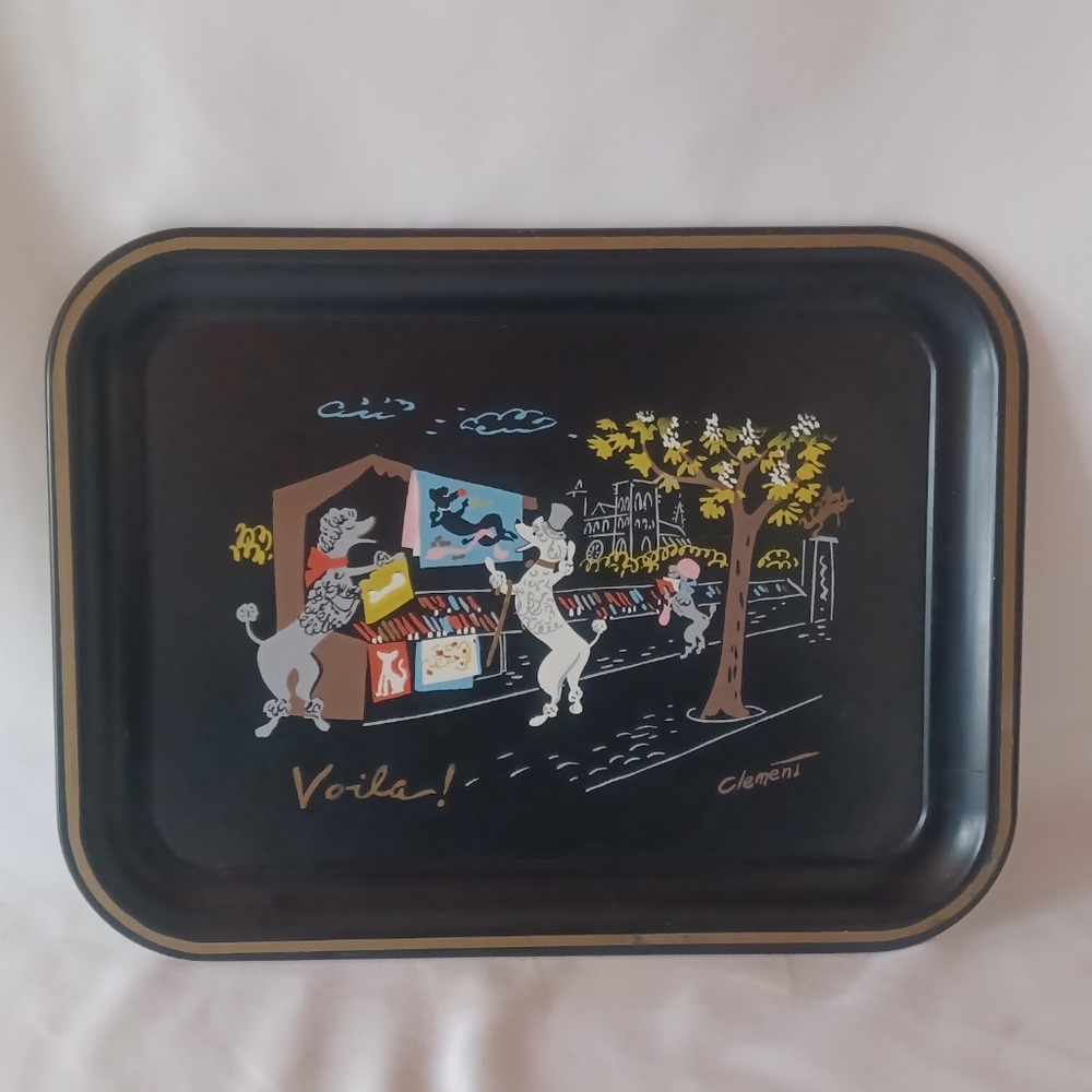 Vintage Mid-Century Toleware Tray Poodles In Paris Black Hand Painted Clement